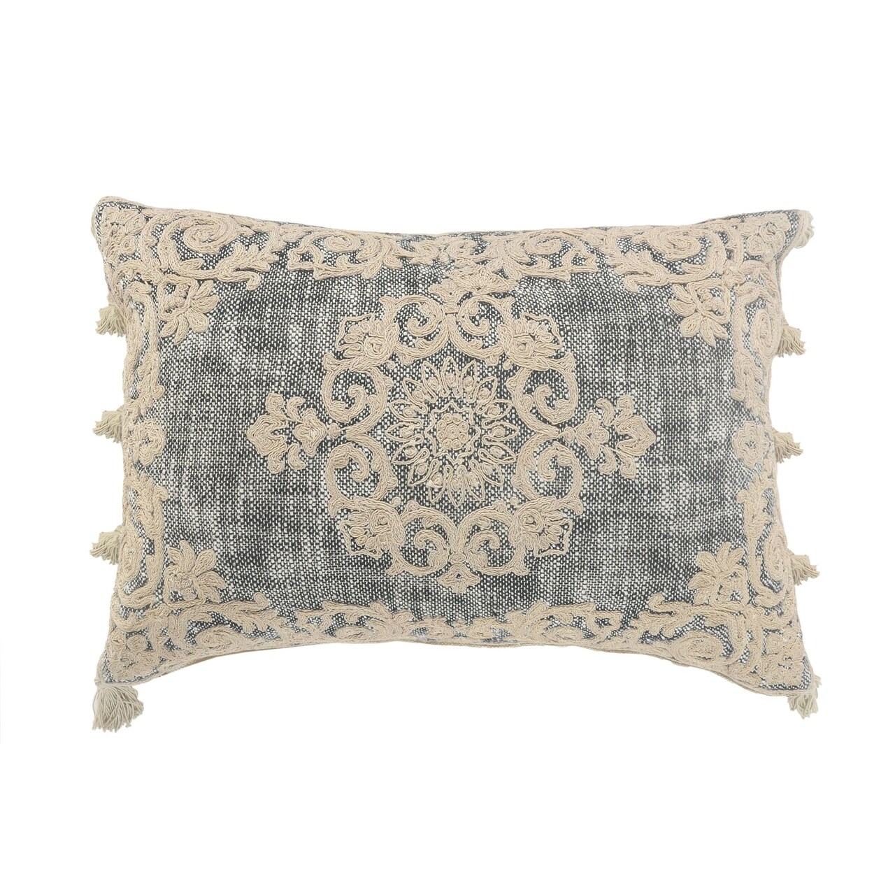 Laddha Home Designs 20" Gray and Ivory Medallion Lumbar Throw Pillow